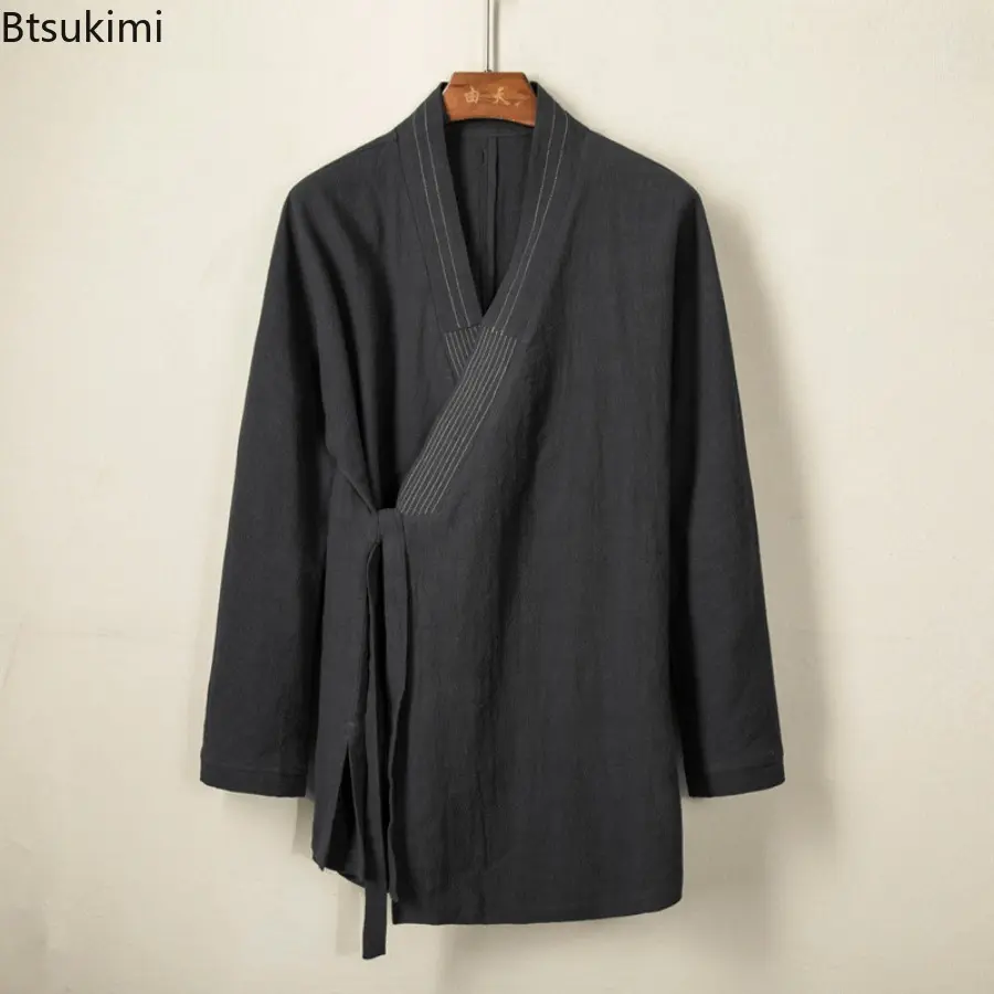 2025 Autumn Winter Men's Chinese Style Linen Cardigan Jacket Loose Kimono Jacket Solid Color Self-Tie Hanfu Traditional Clothing