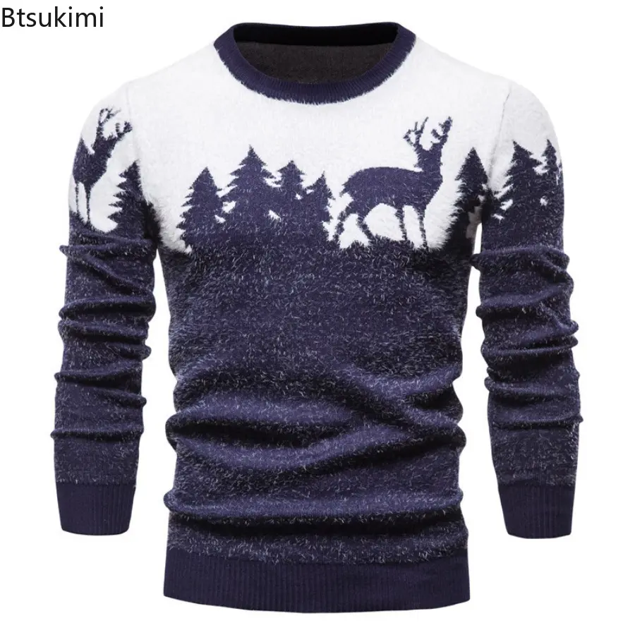 Autumn and Winter Men's Knitted Animal Sweater Casual Christmas Tree Deer Pullover Vintage Slim Fit Sweaters Male Clothes Top