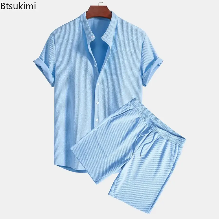 2025 Men's Shorts Sets Fashion Solid Vacation Beach Outfit Summer Tracksuits Lapel Button Shirt and Shorts Casual Two Piece Sets