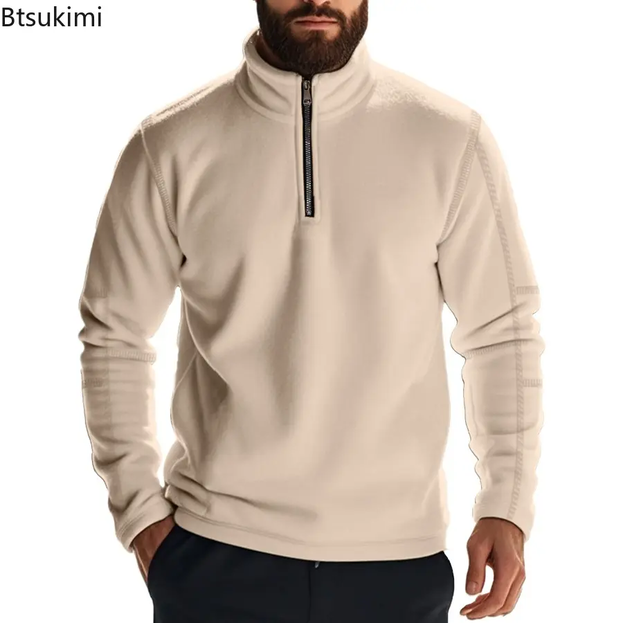 New 2025 Autumn Winter Men's Solid Color Heavy Compound Fleece Outdoor Long Sleeve Zipper Stand-Up Collar Bottom Sweater for Men
