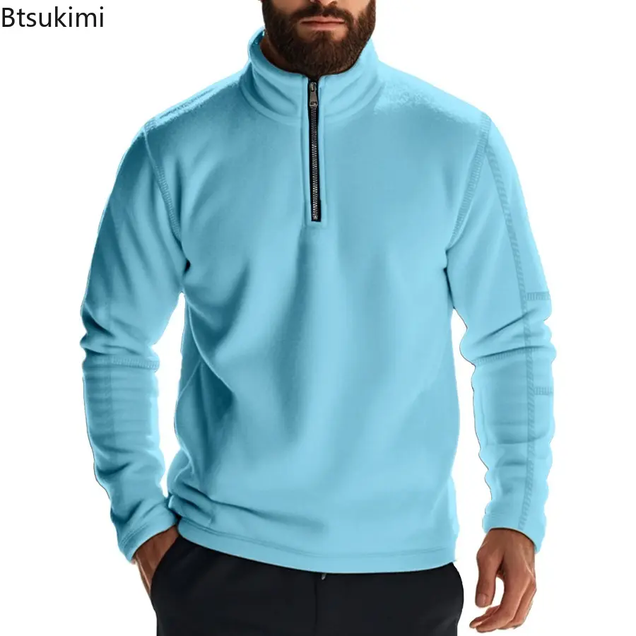 New 2025 Autumn Winter Men's Solid Color Heavy Compound Fleece Outdoor Long Sleeve Zipper Stand-Up Collar Bottom Sweater for Men