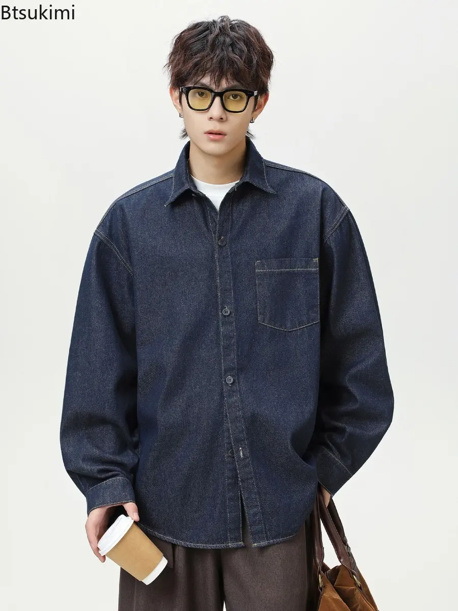 Men's Single Breasted Long Sleeve Shirt with Pocket Autumn Solid Color Loose Trendy Casual Denim Shirt Jacket Fashion Handsome