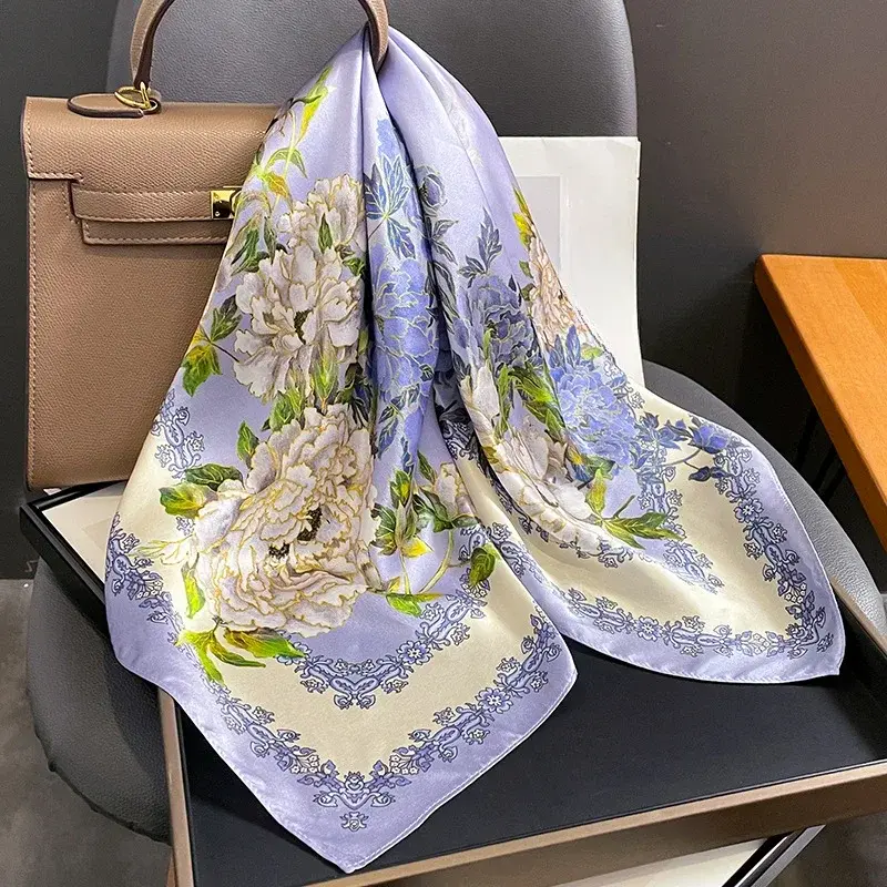 Luxury 2024 Floral Print Square Silk Scarf for Women Hijab Hair Bands Neckerchief Female Satin Shawl Ribbon Headband Fashion