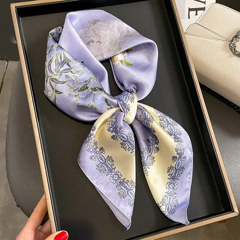 Luxury 2024 Floral Print Square Silk Scarf for Women Hijab Hair Bands Neckerchief Female Satin Shawl Ribbon Headband Fashion