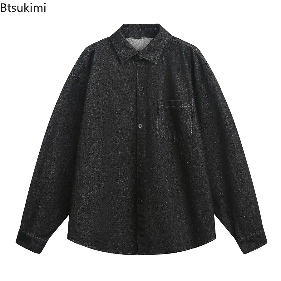 Men's Single Breasted Long Sleeve Shirt with Pocket Autumn Solid Color Loose Trendy Casual Denim Shirt Jacket Fashion Handsome