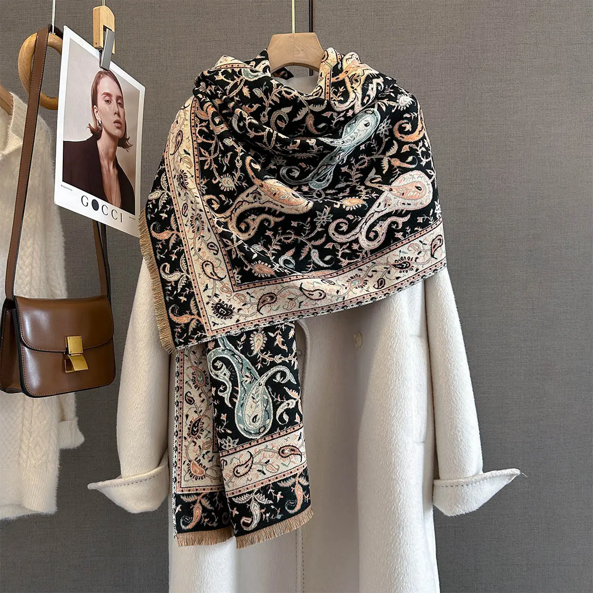 Autumn/Winter Warm Scarf Cashew Print Tassel Shawl Women's Imitation Cashmere Thick Scarf Warps Coldproof Blanket