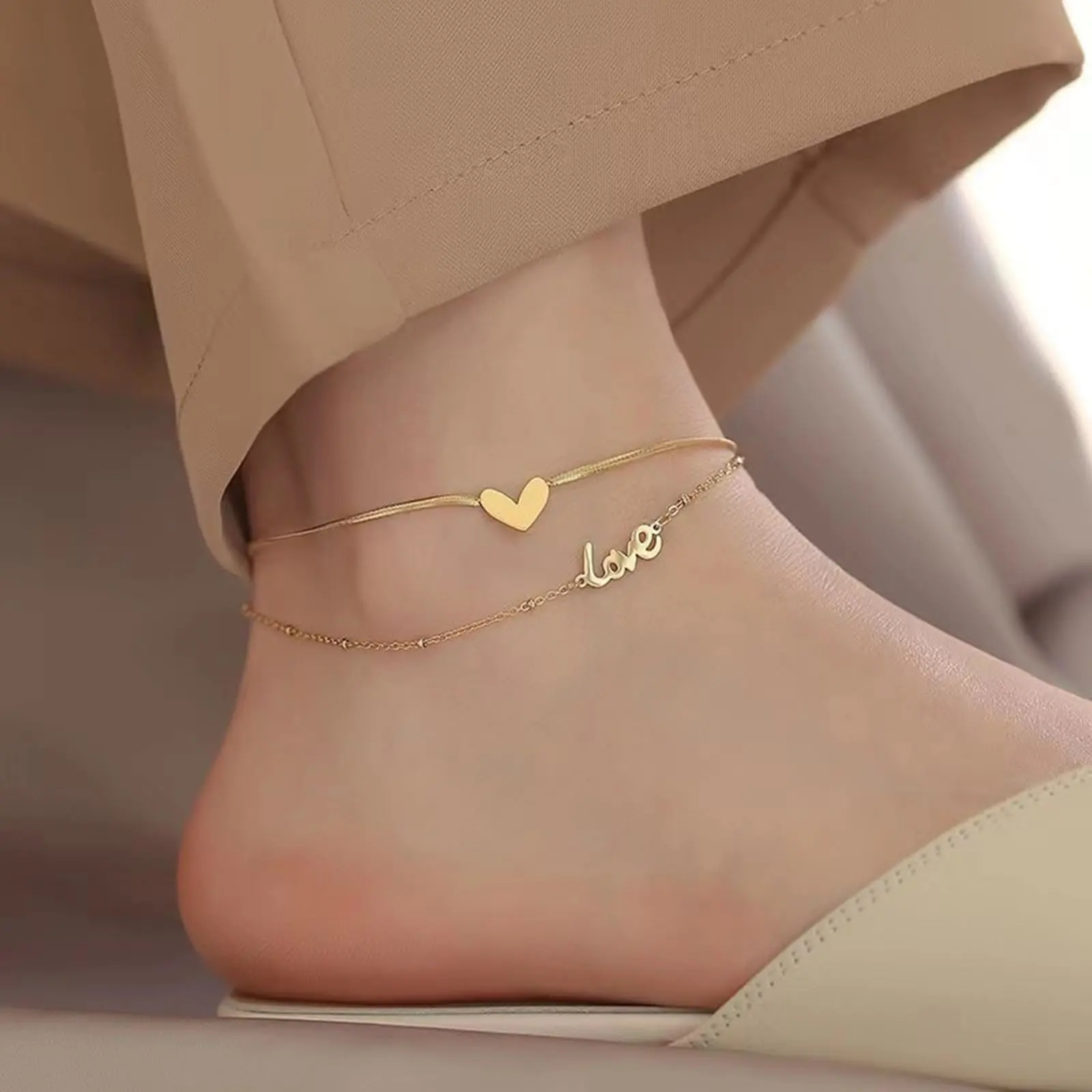 Stainless Steel Link Chain Multilayer Layered Anklet Heart "LOVE" On Foot Ankle Bracelets For Women Leg Chain Jewelry 20cm long
