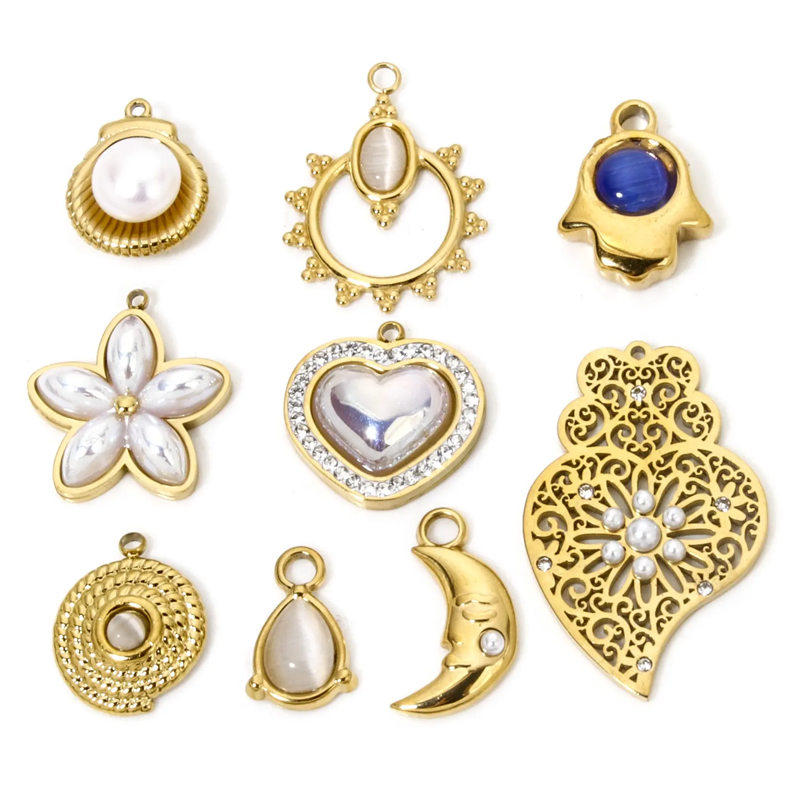 1 Piece Stainless Steel Charms Gold Plated Heart Filigree Shell Imitation Pearl Moon For Jewelry Making DIY Necklace Bracelet