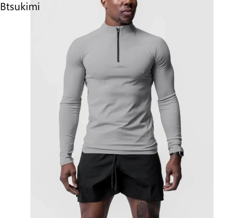 Men Solid Sports Fitness T-shirt De Rong Long Sleeves Small High Neck Half Zipper Top Fashion Leisure Training Running Clothing