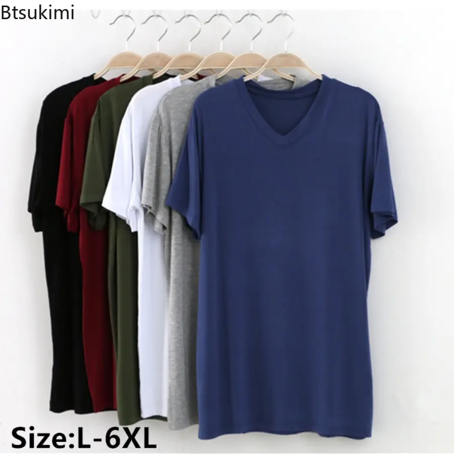 Men's Summer Modal Cotton Solid Casual T-shirts Comfortable Soft Short-sleeved V-neck Tops Men Loose Bottoming Shirts Home Wear