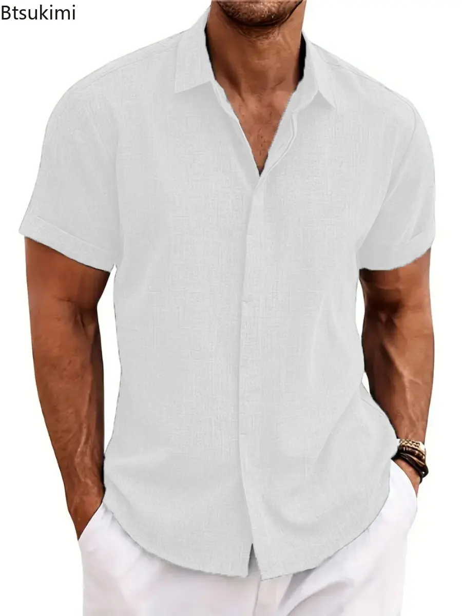 2025 Men's Solid Loose Casual Shirts Summer Comfortable Cotton Linen Short Sleeve Lapel Shirts Men Simple Versatile Beach Blouse