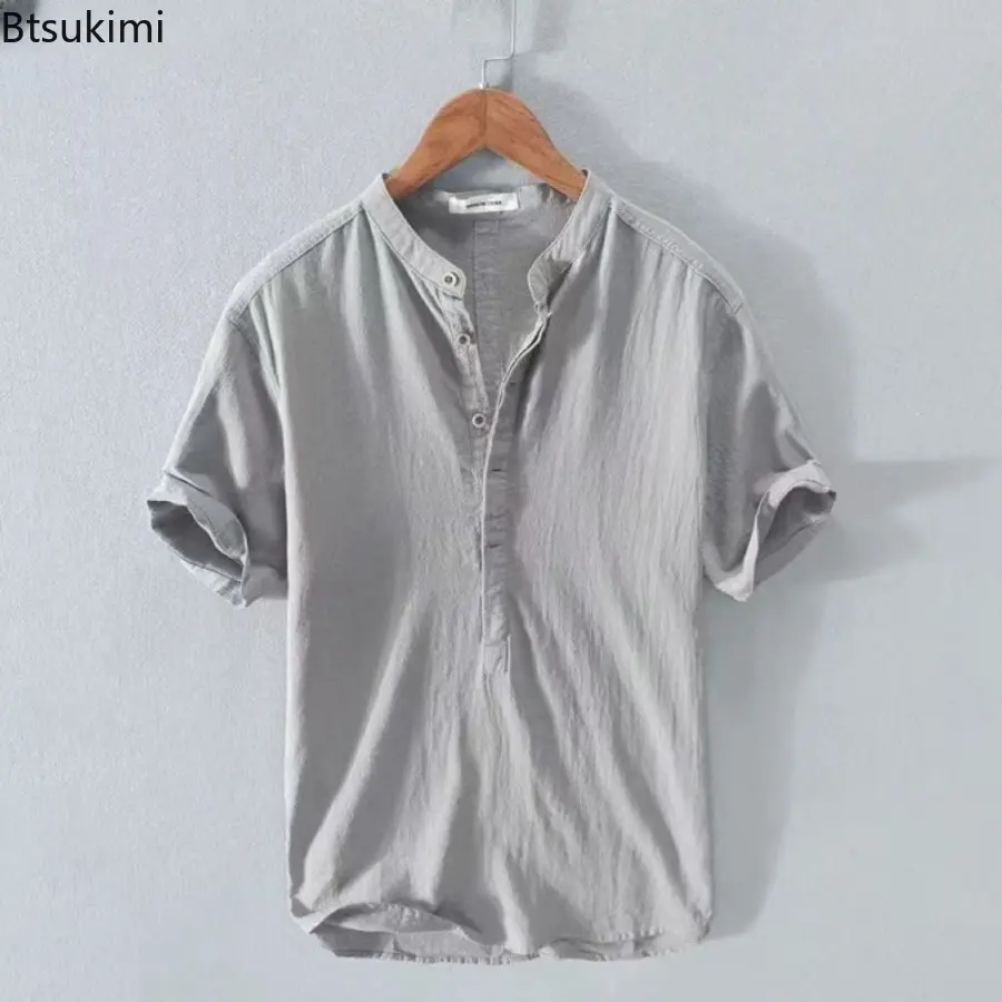 Men's Linen Short Sleeved T-shirt Retro Chinese Style Standing Collar Cotton Linen Loose Tops Fashionable Casual Male Streetwear