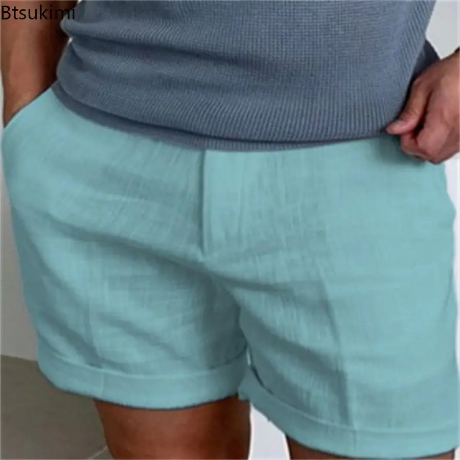 New Men's Solid Daily Casual Shorts Summer Breathable Cotton Linen Beach Shorts with Pockets Men Outdoor Joggers Sport Trousers