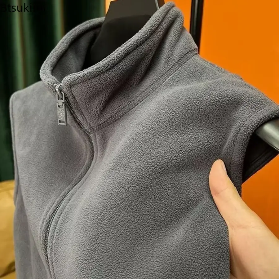 Autumn Winter Men's Polar Fleece Vest Coat Stand-Up Collar Sleeveless Zipper Placket Soft Windproof Outdoor Warm Base Waistcoat