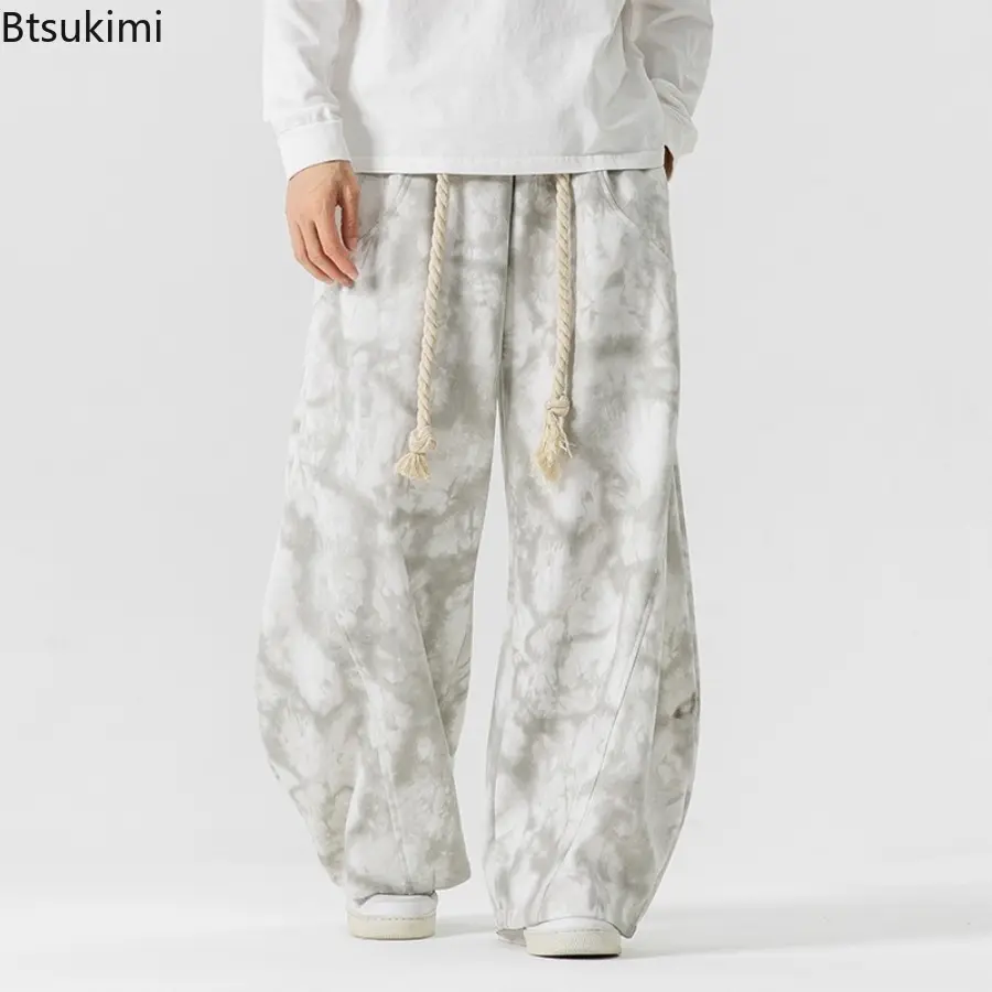 2025 Autumn Winter New Men's Plus Size Wide Leg Pants Japanese Hong Kong Style Tie Dye Casual Sweatpants Curved Knife Trousers