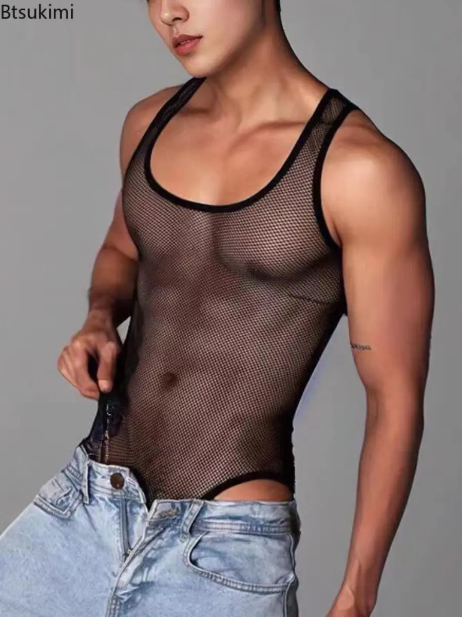 Fashion New Men's Sleeveless Mesh Jumpsuits Vest Breathable Sexy Hollow Out See Through Casual Home Wear Men Triangle Bodysuits