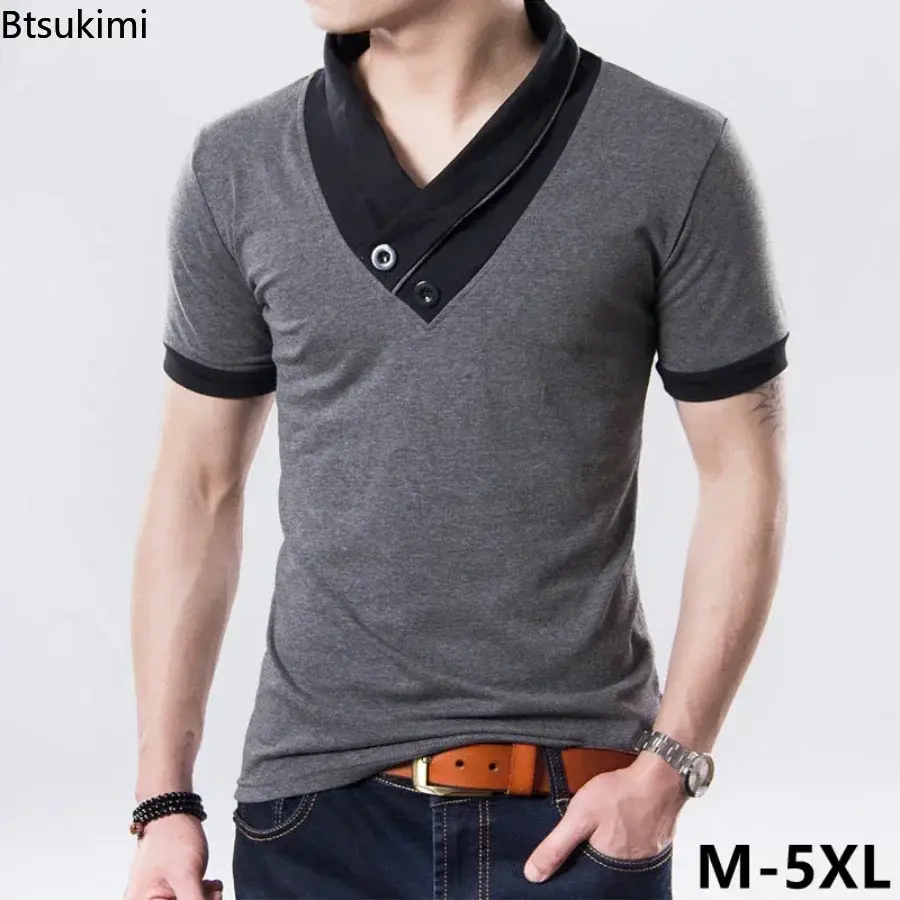 2025 Summer Men's Casual Short-sleeved Cotton T-shirt Fashion Patchwork V-neck Pullover Tops New Korean Style Oversized Tees 5XL