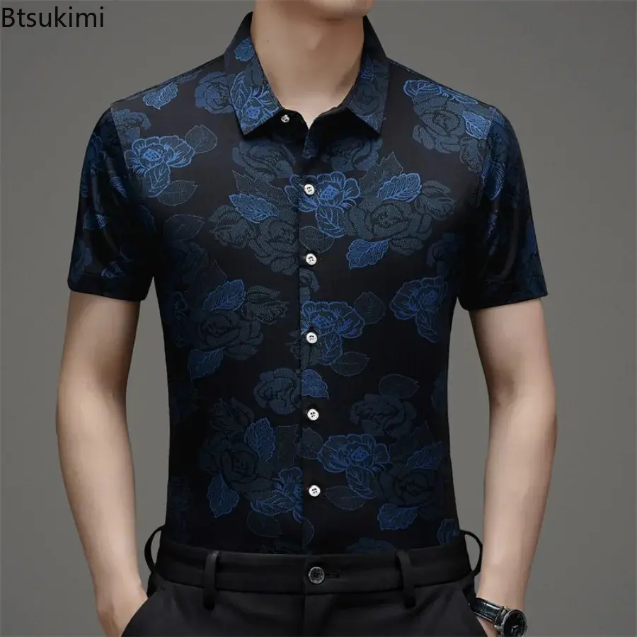 New Men's Floral Printed Shirts Fashion Jacquard Business Casual Non-ironing Shirt Men Breathable Ice Silk Short-sleeved Blouse