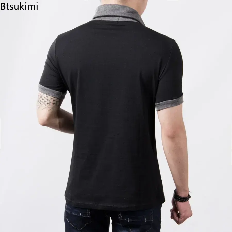 2025 Summer Men's Casual Short-sleeved Cotton T-shirt Fashion Patchwork V-neck Pullover Tops New Korean Style Oversized Tees 5XL