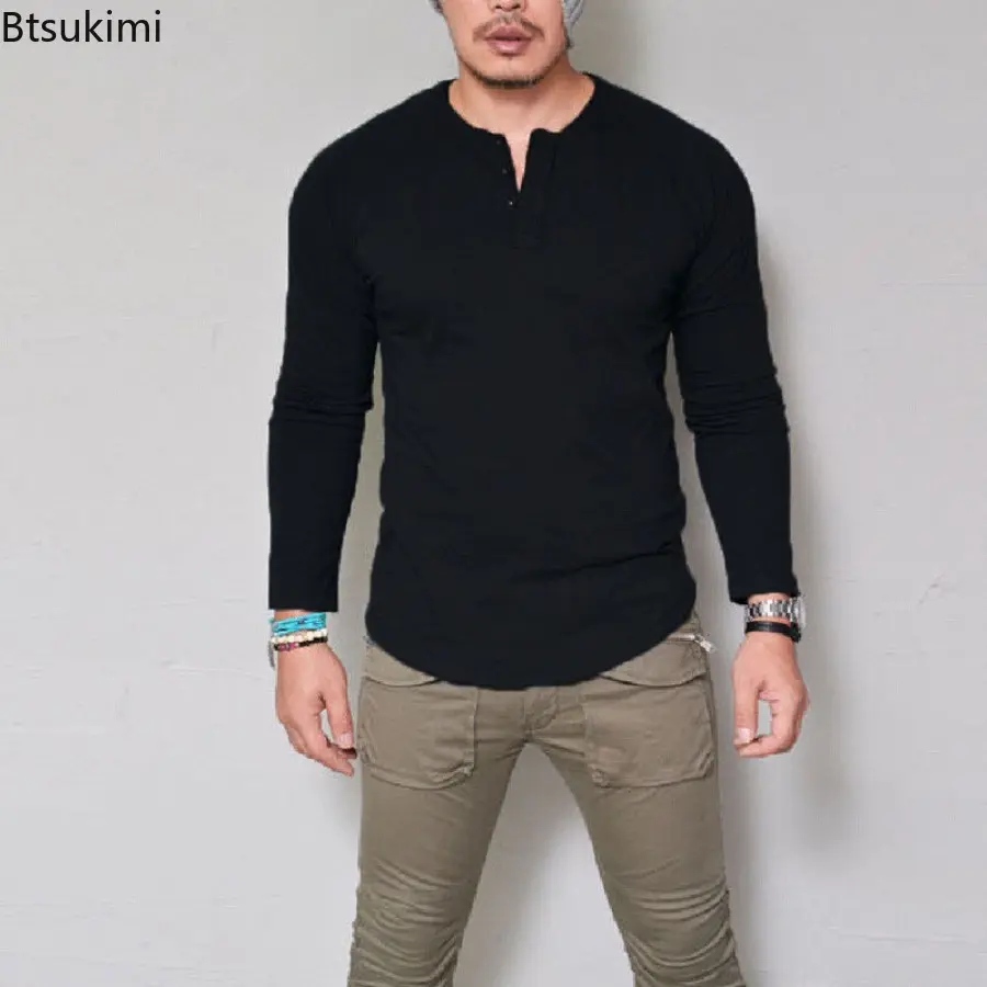 2025 Men's Slim T-shirt Pullover Tops T Shirt Solid Long Sleeve Breathable Cotton O Neck Blouse T-shirt Casual Versatile Tops