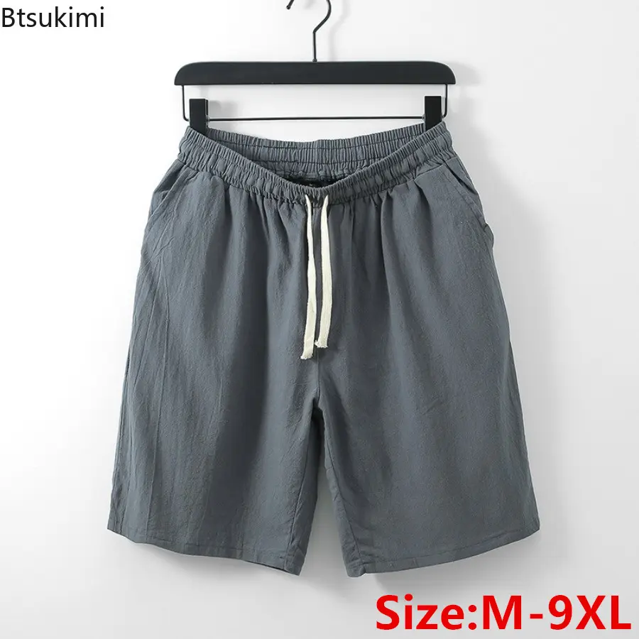 New Summer Cotton Linen Shorts Men's Plus Size 8XL 9XL Loose Casual Straight Shorts Fashion Elastic Waist Drawstring Beach Pants