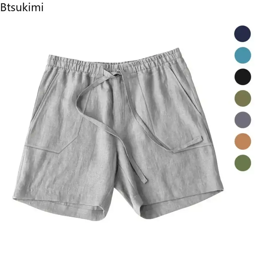 Summer New Men's Casual Beach Shorts Fashion Simple Solid Loose Drawstring Short Pants Men Cotton Linen Breathable Sport Shorts