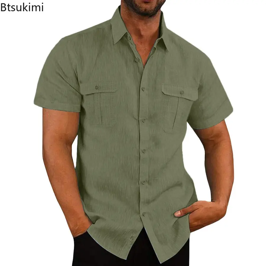 2025 Men's Cotton Linen Short-Sleeved Shirts Summer Solid Color Turn-down Collar Loose Shirts Casual Fashion Daily Vacation Tops