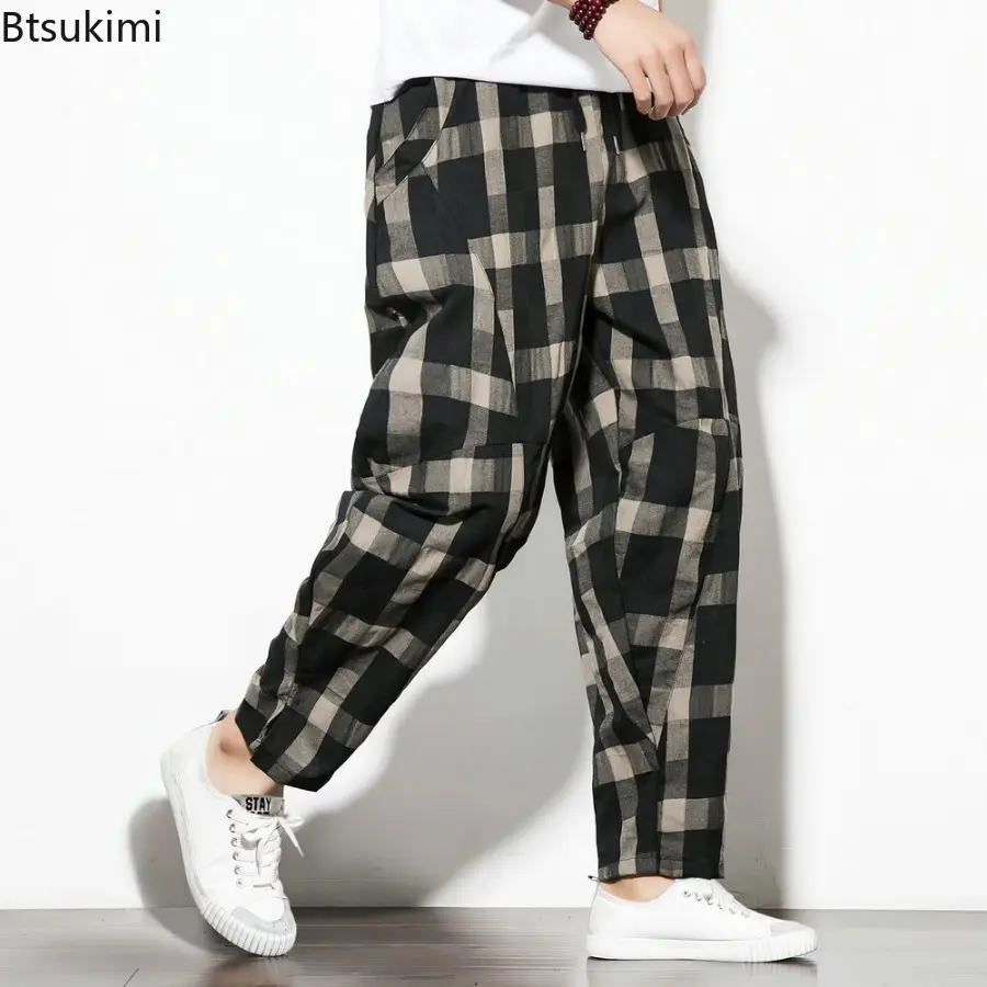 2025 Autumn New Men's Cotton Plaid Pants Casual Retro Fashion Trousers Plus Size Loose Wide Leg Trousers Man Joggers Streetwear
