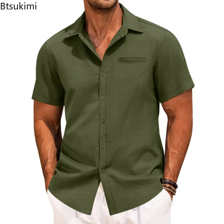 2025 New Men's Summer Shirts Button Short-sleeved Lapel  Office Casual Solid Color Tops Fashion Simple Invisible Pocket Blouses