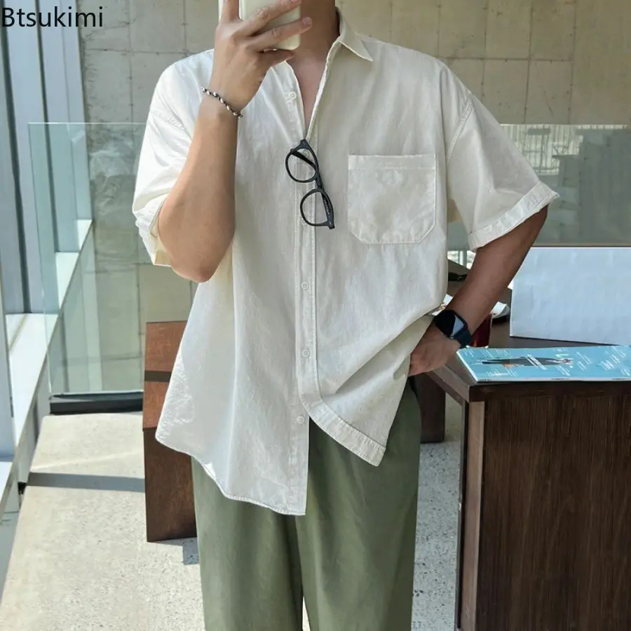 Men's Simple Solid Color Short Sleeved Shirt Summer Loose Casual Shirts Korean Version Trendy Versatile Lapel Half Sleeved Tops