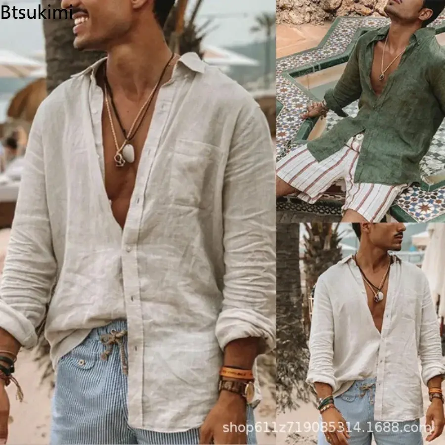 Spring New Men's Casual Cotton Linen Shirts 2025 Fashion Stand Collar Loose Solid Long Sleeve Cardigan Tops Men's Beach Blouses