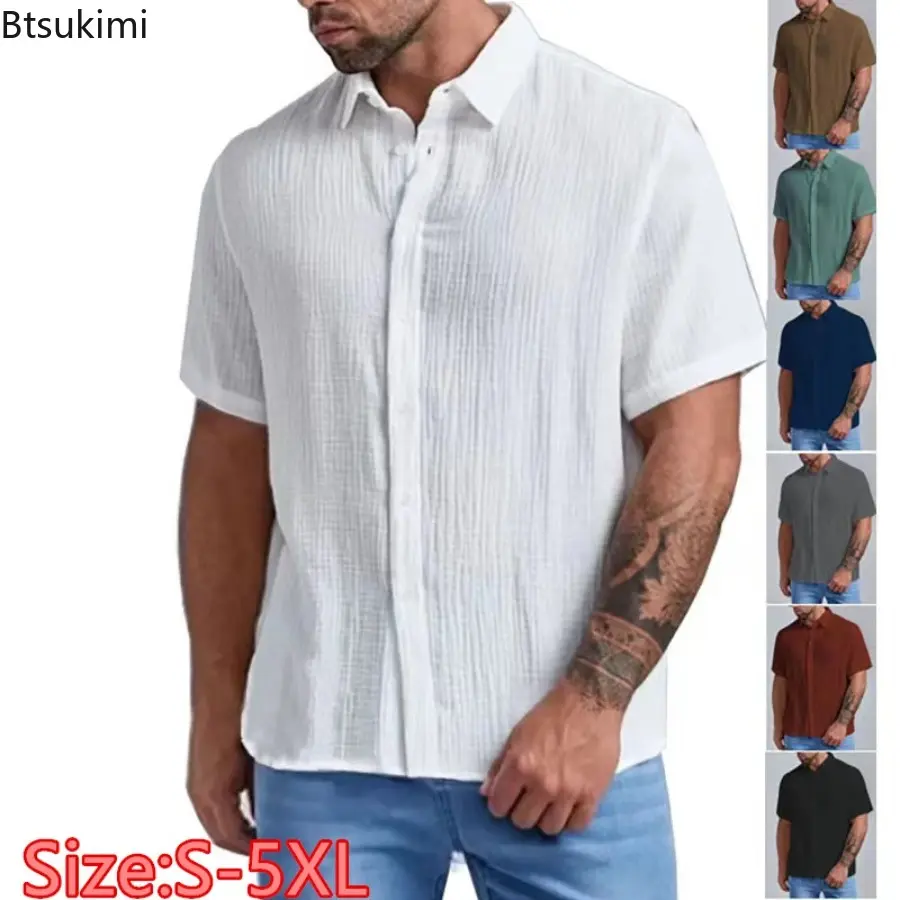 New Men's Pure Cotton Short-sleeved Shirts Summer Fashion Lapel Single-breasted Casual All-match Tops Male Holiday Beach Blouses