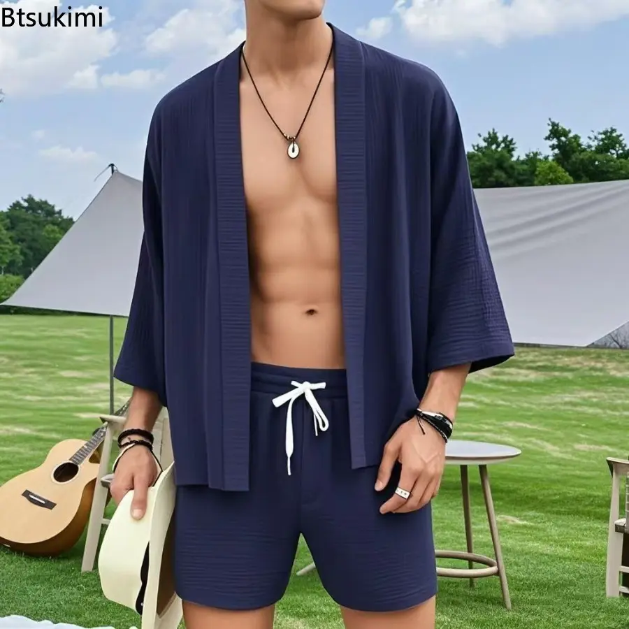 New Men's Summer Casual Loose Sets Solid Color Cardigan Elastic Waist Shorts Two-Piece Sets Fashion Men Leisure Vacation Outfits