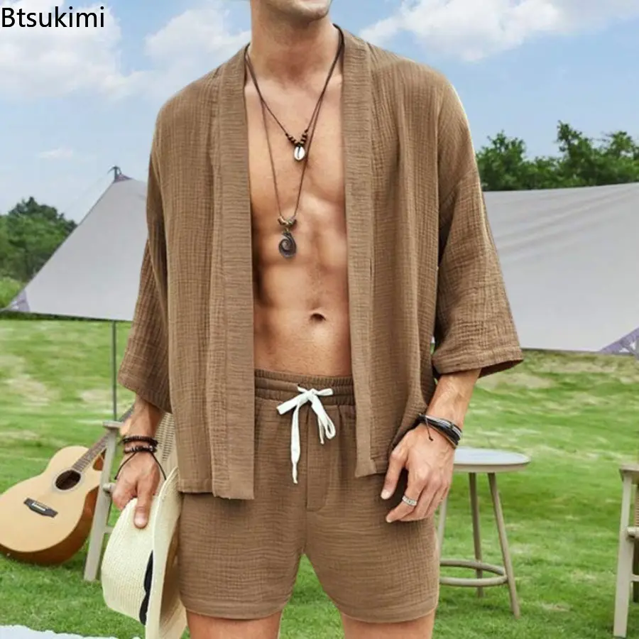 New Men's Summer Casual Loose Sets Solid Color Cardigan Elastic Waist Shorts Two-Piece Sets Fashion Men Leisure Vacation Outfits
