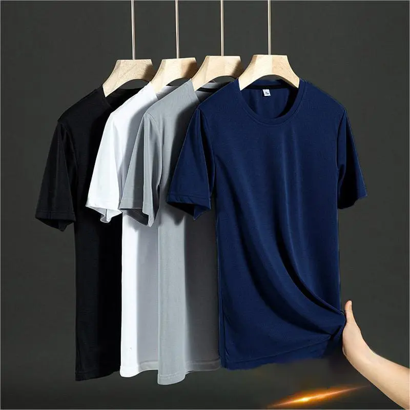 Men Short Sleeved T-shirt Ice Silk Quick Drying Summer Top High Elastic Solid Loose Size Sports T-shirt Gym Basketball Jersey