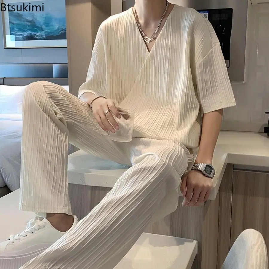 Men's Ice Silk Sports Sets Solid T-shirts Pants Suits Fashion Summer Clothes 2025 Trends Costumes Stylish Loose Set Oversized