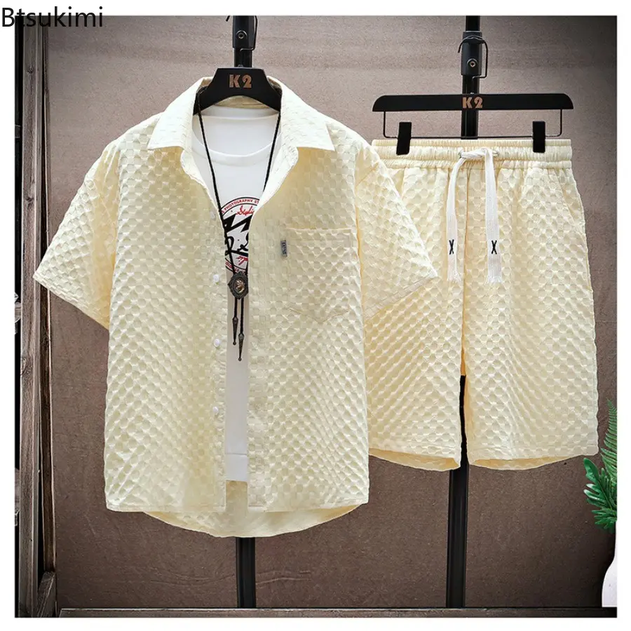 New Summer Casual Korean Short-sleeved Ruffle Shirt and Handsome Trendy Shorts with Two-piece Set of Youth Men's Casual Clothing