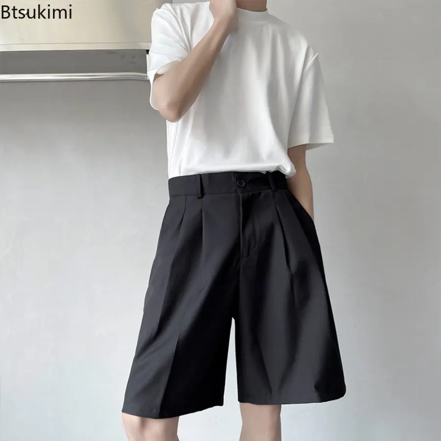 Summer British Style Suit Shorts Men's Casual Loose Wide Leg Long Shorts Fashionable and Trendy Male Casual Five Quarter Pants