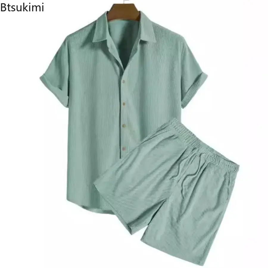 Summer New Men's Corduroy Solid Casual Two Piece Set Short Sleeve Lapel Button Shirts and Shorts Beach Outfit Fashion Streetwear