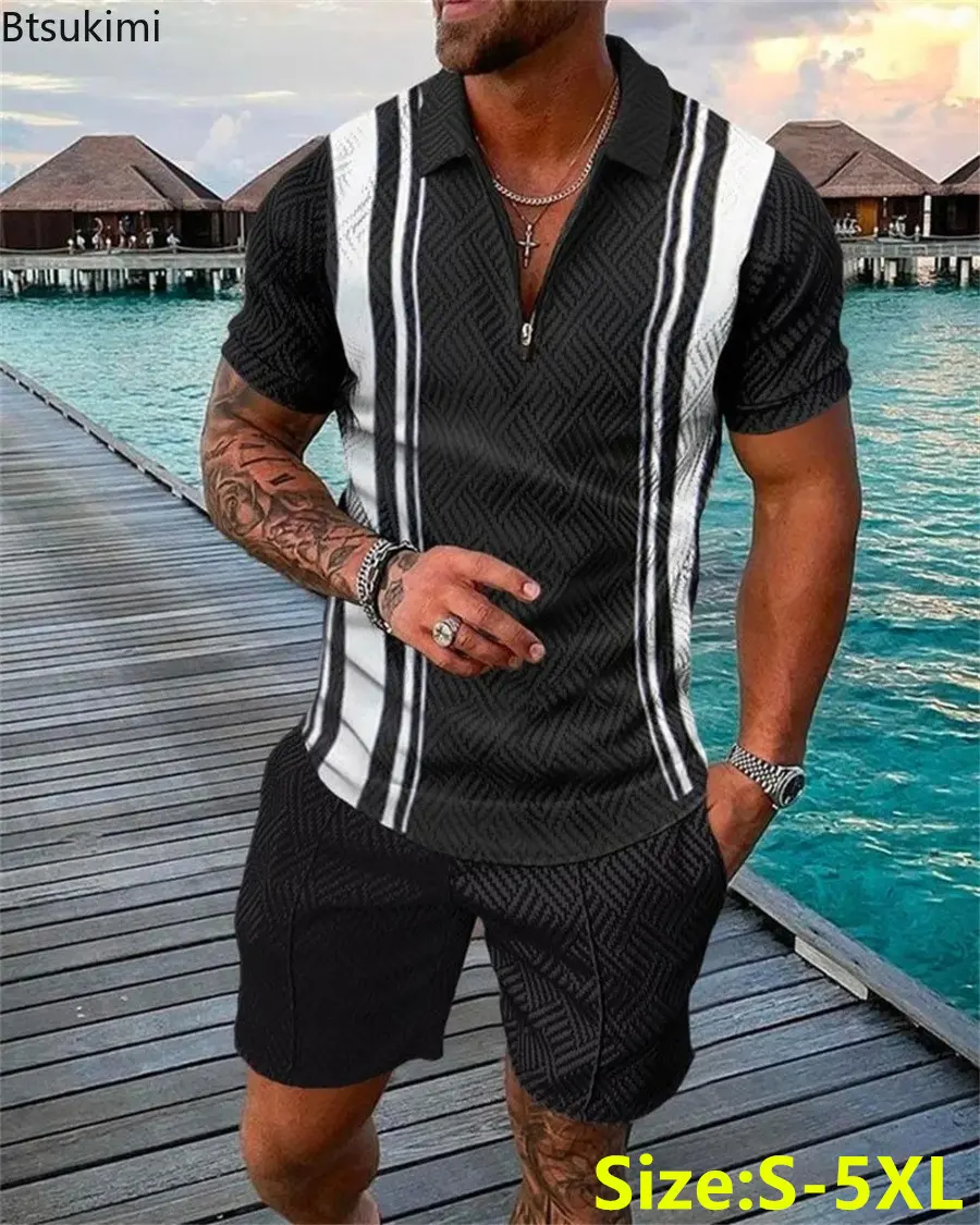 2025 Men's Fashion Casual Two-pieces Trend Patchwork Printting Half Zip Polo Collar T-shirt+Shorts Tracksuit Men Vacation Outfit