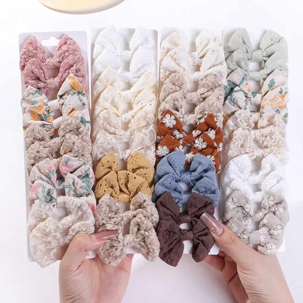 10Pcs/Set Fashion Bows Hairgripes Cotton Embroidery Hair Bow Hair Clip for Sweet Girl Kids Lovely Hairpins Headwear Sets Gift