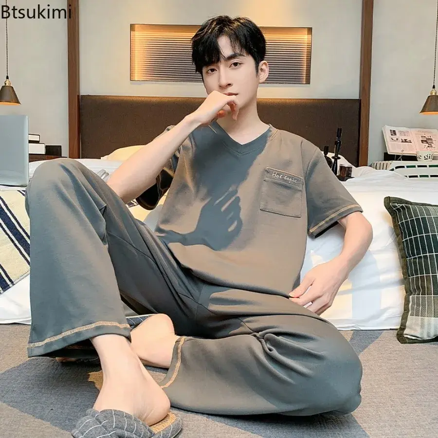 Fashion New Men's Sleepwear Two Pieces 2025 Summer Comfy Cotton Simple Lounge Home Wear Short-sleeve Tops with Pants Man Pajamas