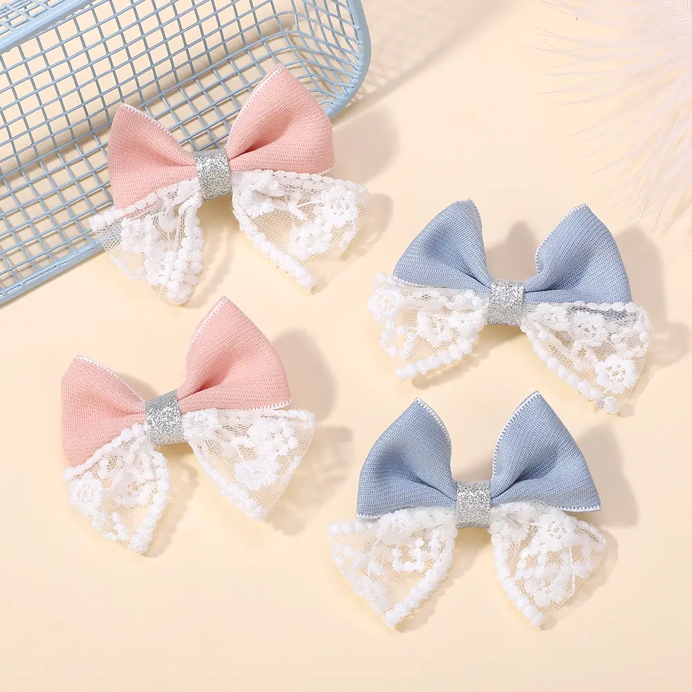 RAINBOW BOWS 2Pcs/lot Sweet Lace Bowknot Hair Clip for Kids Fashion Denim Blue Hairpin Hairgripes Girl Party Hair Accessories