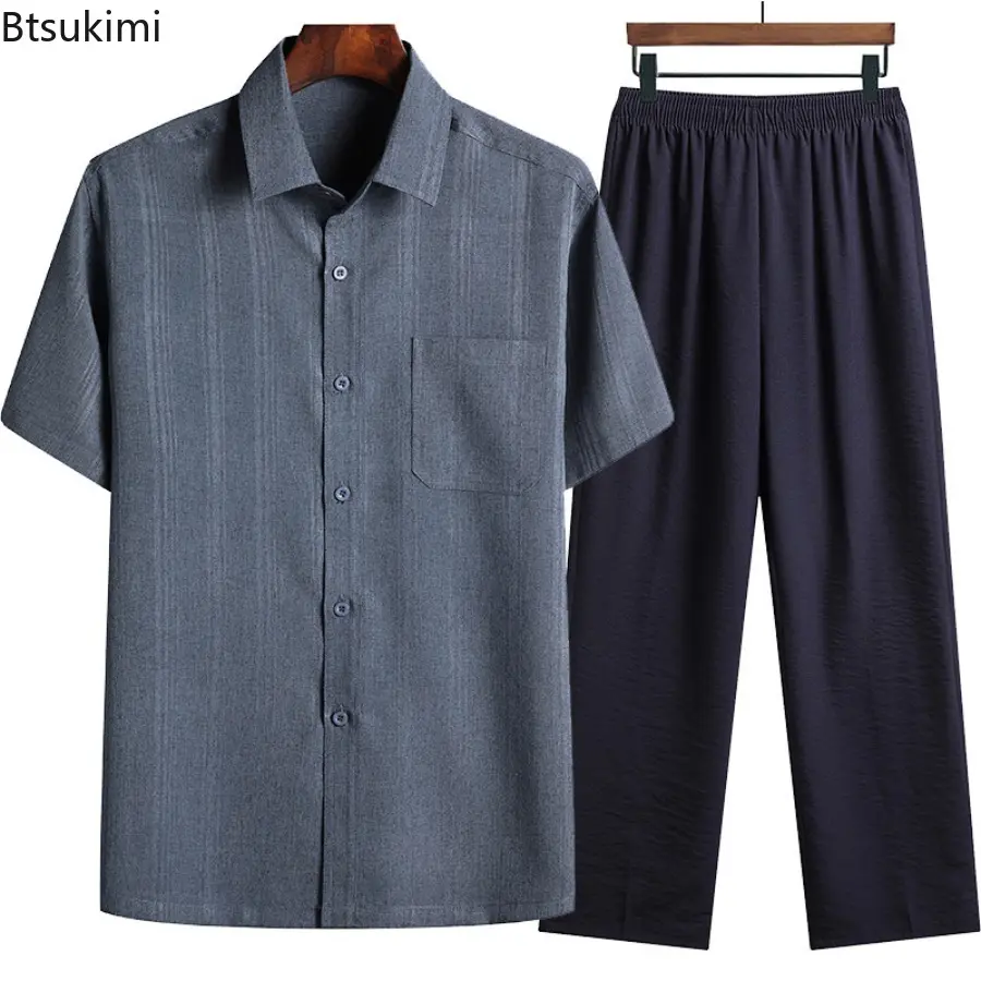2025 Men's Two Piece Set Fashion Solid Short-sleeved Button Lapel Shirt+Pants Casual Suit Summer Breathable Cotton Linen Outfits