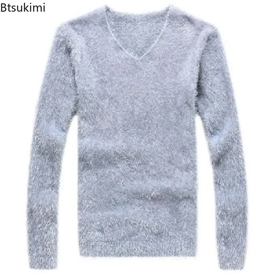 2025 New Men Solid Mohair Sweater Autumn Winter Soft Warm Pullover V-Neck Elastic Knitted Sweaters Furry Top Young Men's Clothes