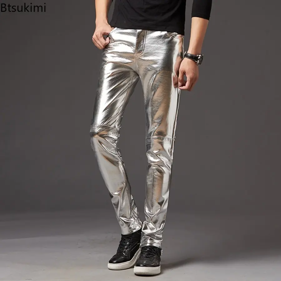 2025 Autumn/Winter Men's Shiny Leather Pants Korean Slim Fit Pencil Pants Stage Performance Men's Motorcycle Shiny Leather Pants