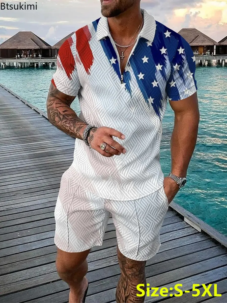 2025 Fashion Men's Clothing Holiday Casual 2PCS Sets Men Tracksuit Oversized Short-sleeved Polo Shirt and Shorts 3D Printed Suit