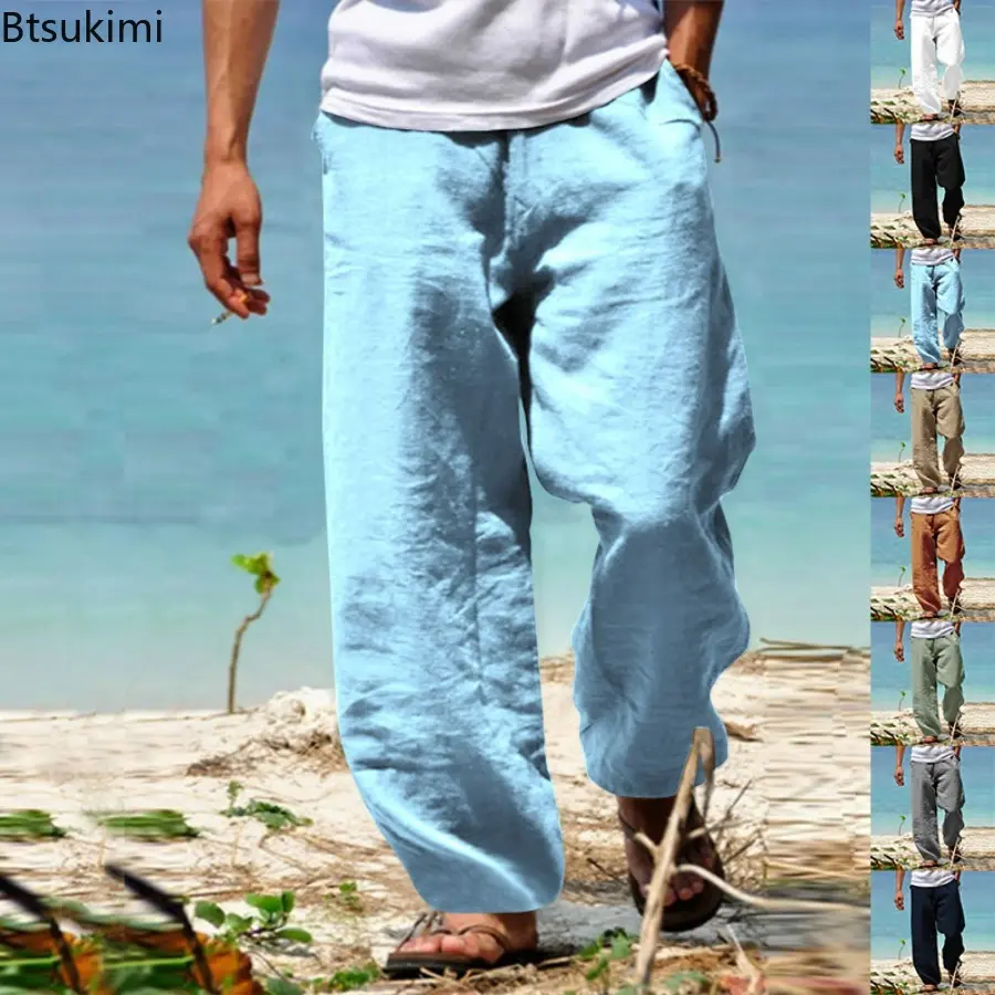 New Men's Summer Cotton Linen Pants Solid Breathable Loose Casual Beach Trousers Men Drawstring Straight Pants Fitness Joggers