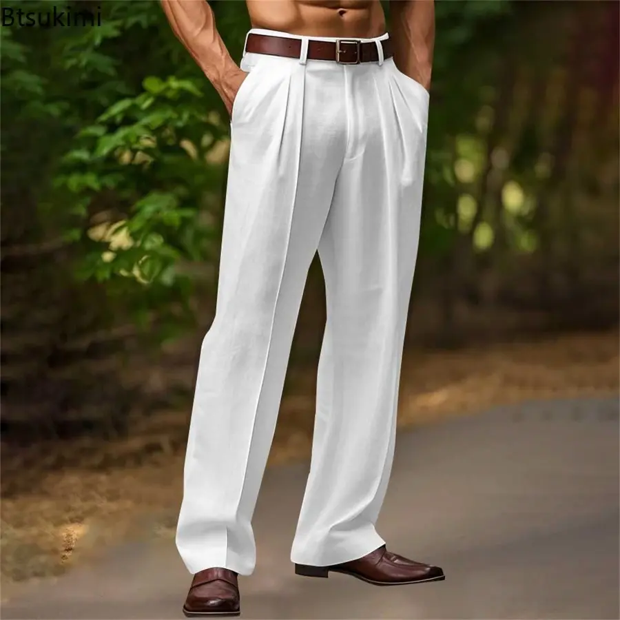 2025 Summer New Men Linen Straight Pants Solid Color Comfortable Breathable Loose Trousers Fashion Casual Daily Versatile Pants