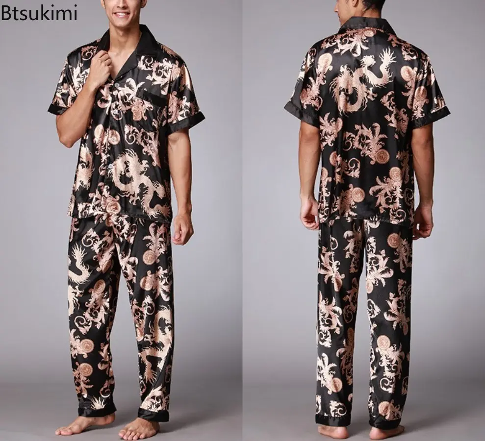 2025 Spring Summer Loungewear Short Sleeves Long Pants Pajama Set Men Printed Satin Silk Pyjamas Male Pajamas Household Clothes